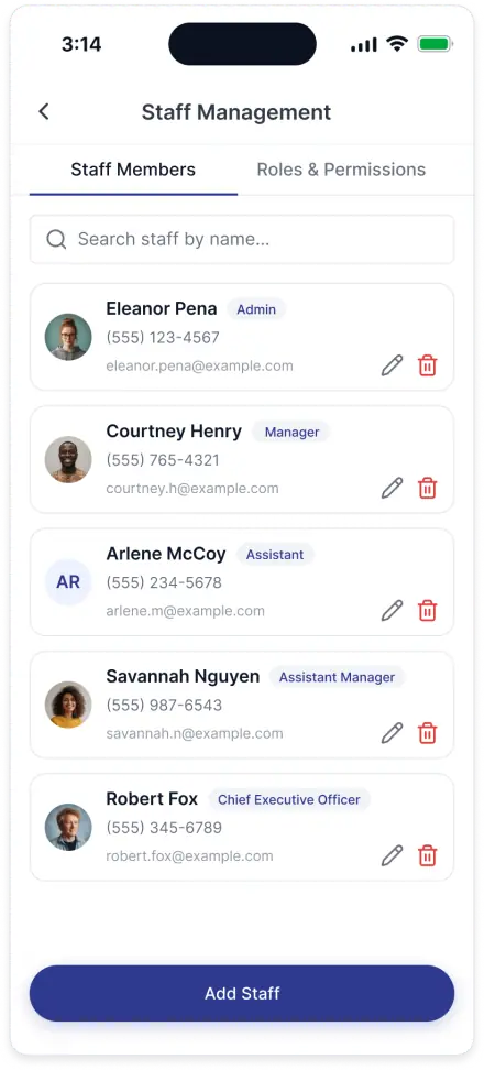 Staff management screen showing team roles and permissions