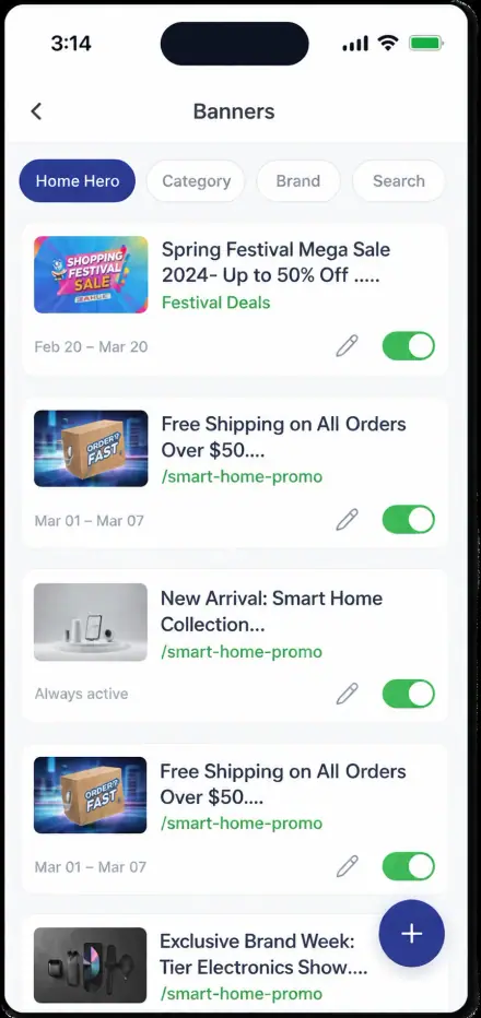 Banner management screen with placement tabs and live toggles