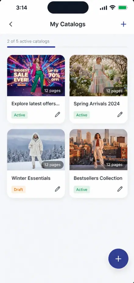 Catalog management screen listing active and draft catalogs